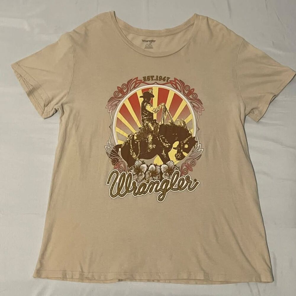 Wrangler Rodeo Cowboy Western Graphic T-Shirt Beige Tan Horse Floral USA Tee